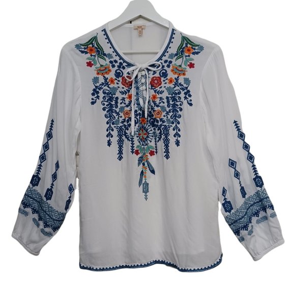 Reba Tops - Reba Embroidered Tunic White Blue Boho Peasant Style